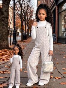 Girls Cute Leopard Print Corduroy Jumpsuit, Fashion Wide Leg Overalls For Back To School Season - Light Grey - View 1