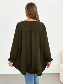 Shapeblank Plus Size Women's Spring/Autumn Fashion Casual Loose Comfortable Daily Basic Versatile Slimming Ruffle Hem Black Long Sleeve Shirt - Army Green - View 2