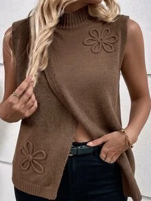 Wandoria Women's Autumn New Commute Vest Fashion Design Split Layering Coffee Color Embroidered Pullover Loose Knit Cardigan Daily Knit Top Single Piece Sweater - Coffee Brown - View 2