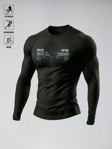 Manfinity BATMAN X SHEIN 男士字母印花插肩袖長袖運動T恤 - 黑色 - 查看 5
