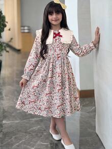Tween女孩秋冬休閒度假甜美風大領口荷葉邊拼接檸檬格紋印花抓皺泡泡袖長洋裝，棕色蝴蝶結裝飾無袖芭蕾舞裙洋裝 - 黃色 - 查看 4