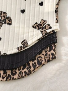 SHEIN 青少年女孩冬季套裝 3件組 羅紋豹紋蝴蝶結圖案長袖T恤與內搭褲 2件式服裝套裝 校園米色黑色 - 棕色 - 查看 5