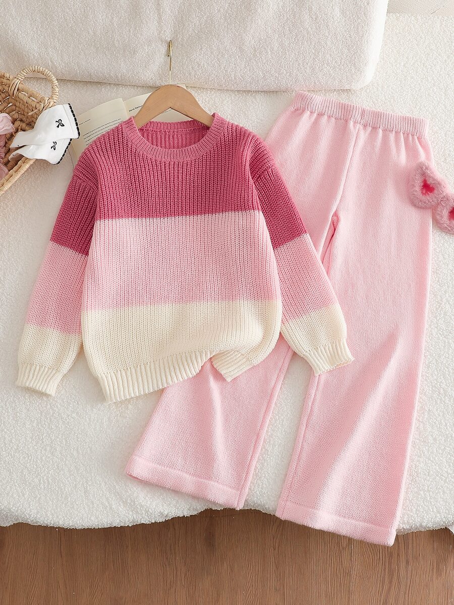 New Fashion Versatile Cute Girls Heart Bow Knitted Sweater Set - Pink - View 1