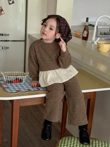 DAZY Infant (Girl) Round Neck Long Sleeve Colorblock Patchwork Korean Style 2 Pieces Sweatshirt Set Fall - Coffee Brown - View 11