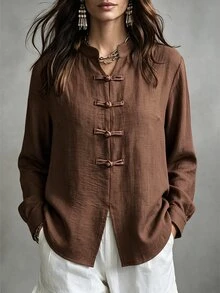 Linhara CURVE Plus Size Women's New Chinese Style Textured Fabric Top, Stand Collar, Frog Button, Lantern Sleeve, Loose Fit National Style Pullover - Brown - View 1