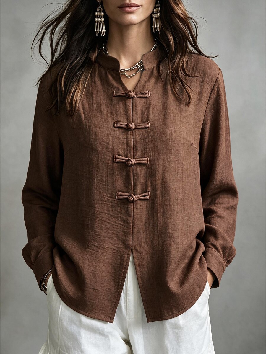 Linhara CURVE Plus Size Women's New Chinese Style Textured Fabric Top, Stand Collar, Frog Button, Lantern Sleeve, Loose Fit National Style Pullover - Brown - View 1