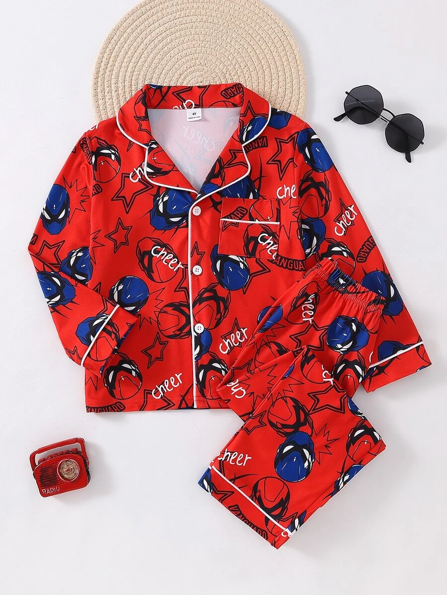 Boys' Simple Fashion Casual Daily Comfortable Soft Skin-Friendly Multi-Color Cartoon Graffiti Print Knit Fabric Open Front Long Sleeve Top And Loose Long Pants Pajama Set, 2 Pieces Loungewear - Red - View 1