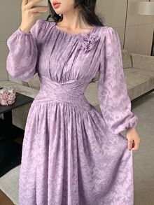 Feyla Women's Elegant 3D Floral Decor Pleated Cut-Out Dress - Purple - View 3