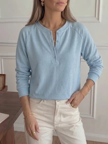 Cévolie Women's Loose Solid Color Raglan Sleeve Half-Open Neckline Crew Neck Sweatshirt, French Casual Loose Minimalist Sweatshirt, Suitable For Daily Wear, Home, Walking And Other Occasions - Blue - View 7