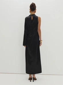 MUSEYN Black Satin One Sleeve Asymetric Hem Midi Dress - Black - View 5