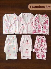 SHEIN 女嬰圓領長袖上衣與長褲休閒日常居家睡衣套裝 - 米色 - 查看 3