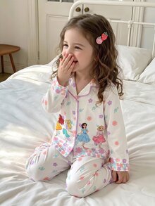 SHEIN 女嬰圓領長袖上衣與長褲休閒日常居家睡衣套裝 - 米色 - 查看 5