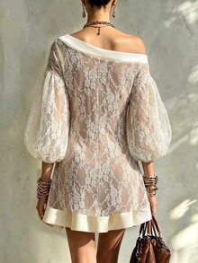SHEIN Off-White Asymmetrical Shoulder Lace Loose Short Dress - Beige - View 2