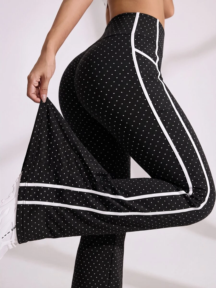 Easithlete Easithlete Women's Polka Dot Patchwork Print Flared Leg Sports Comfy Baggy Pants Gym Running Black And White Winter - Black - View 1