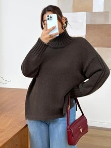 Lounesse Plus Size Women's Solid Color Pullover Sweater Suitable For Outings, Thanksgiving, Home Party Formal, Daily Wear, Birthday Fall Grey Baggy - Brown - View 1