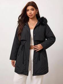 Enliva Plus Size Women's Faux Fur Hooded Water-Resistant Padded Coat Drawstring Waist Mid Length Warm Outerwear Flattering Compatible With Apple Shape Rounded Body - Black - View 3