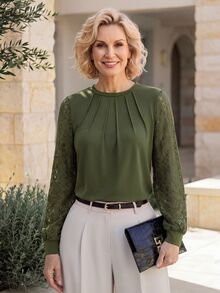 Miaspire Middle-Aged Women Solid Color Long Sleeve Lace Decor Top Elegant Classic Comfortable Daily - Army Green - View 7
