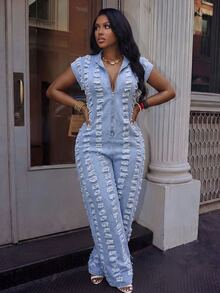 Slaydiva Plus Size Collared Zipper Short Sleeve Distressed Raw Hem Denim Jumpsuit - Blue - View 3