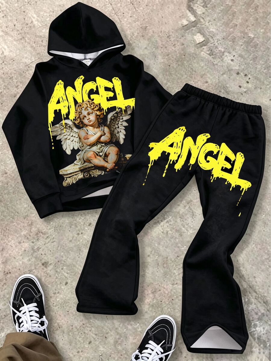 SHEIN 兒童 2 件組青少年男孩新款塗鴉手繪嘻哈肖像天使圖案英文字母連帽衫與喇叭褲套裝,適合秋冬、學校、家庭聚會、開學、生日派對、攝影、度假、假日、運動風 - 黑色 - 查看 1