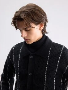 RONVEXI Men's Contrast Color Casual Versatile Daily Wear Cardigan - Black - View 7