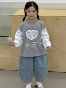 Dazy Kids 少女甜美字母印花蕾絲拼接運動衫 - 淺灰色 - 查看 9