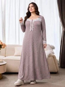 Al Najma Plus Size Women's Casual Sweetheart Neckline Long Sleeve Lace Patchwork Button Design Arabian Dress - Dusty Pink - View 4