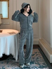 DAZY Women's Shiny Zipper Hooded Sweatshirt And Pants Casual 2 Pieces Set - Grey - View 2