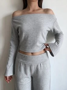 SHEIN BASICS Women's Sexy Shoulder Top And Solid Color Long Pants 2 Pieces Set - Grey - View 4