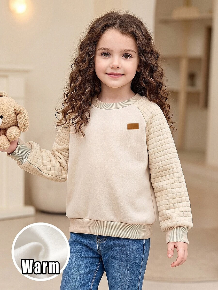Girls Casual Solid Color Sweatshirt, Patchwork Raglan Plaid Long Sleeve Pullover - Apricot - View 1