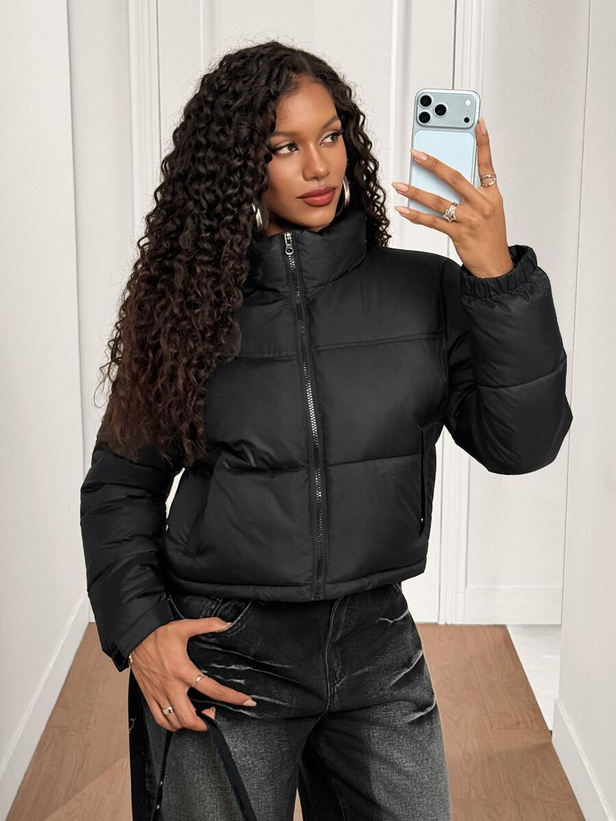 BamGleam Winter Black Stand Collar Hem Cuffed Long Sleeve Padded Coat Everyday Club Streetwear Casual - Black - View 1