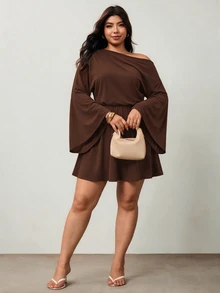 Enliva Plus-Size Women's Commuter Asymmetrical Neckline Fitted Waist DressApple,Rounded Body Elegant Short Dresses - Brown - View 7