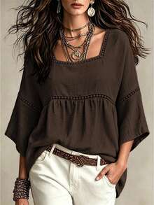 EMERY ROSE Kemeja Kasual Wanita Ukuran Besar Berkerah Bulat untuk Liburan Musim Gugur - Coffee Brown - View 1