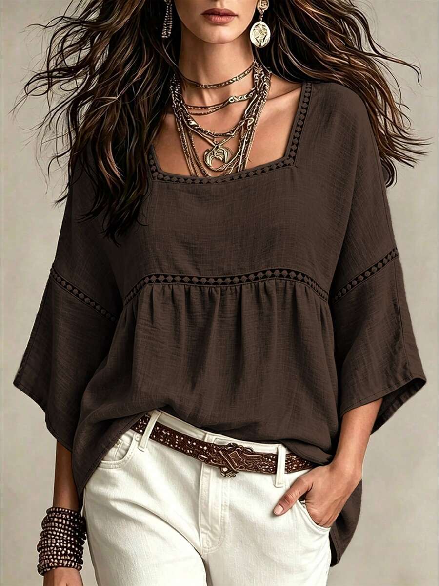 EMERY ROSE Kemeja Kasual Wanita Ukuran Besar Berkerah Bulat untuk Liburan Musim Gugur - Coffee Brown - View 1