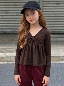 Hapijoa (Gadis Muda) Kaos Kasual Berkerah V, Pas Badan, Model Lapisan Dasar - Mocha Brown - View 6
