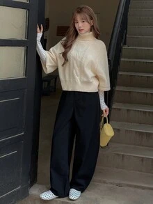 K-Vae Women's Cable Knit High Neck Raglan Sleeve Loose Fit Fashion Sweater - Apricot - View 4