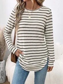 SHEIN LUNE Women's Casual Crew Neck Sweatshirt With Asymmetrical Hem, Textured Jacquard Striped Fabric, Suitable For Autumn/Winter - Olive Green - View 4