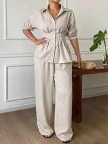Dazy Plus Long Sleeve Linen Ruched Waist Blouse And Elastic Waist Wide Leg Pants 2pcs Set, Office Casual Street Commute - Apricot - View 3