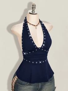 SHEIN ICON 萬聖節女性掛脖露背黑色與銀色娃娃裝背心，適合夜店、派對、夏季性感穿搭 - 藏蓝色 - 查看 10