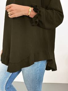 Shapeblank Plus Size Women's Spring/Autumn Fashion Casual Loose Comfortable Daily Basic Versatile Slimming Ruffle Hem Black Long Sleeve Shirt - Army Green - View 4