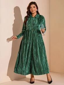 Comfylo فستان نسائي مقاس كبير بأكمام طويلة وياقة، مخمل أخضر، مرن قليلاً، ناعم ومريح، لحفلات الخريف/الشتاء والفعاليات المسائية والعشاء - أخضر - مشاهدة 5