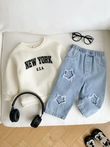 SHEIN 2件組 嬰兒男童/女童秋冬連帽衛衣與牛仔褲套裝 星星圖案水洗破洞牛仔兩件套 - 彩色 - 查看 5