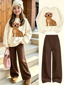 (1套) 青少年女孩秋冬休閒清新可愛小狗愛心眼鏡小圓點圓領衛衣搭配寬腿褲 - 彩色 - 查看 3