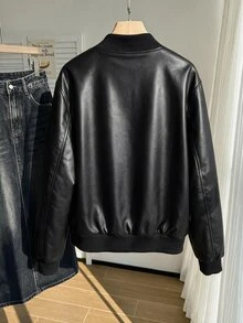 Comfortcana 大尺碼街頭風拉鍊口袋 PU 材質長袖夾克 - 黑色 - 查看 2