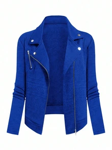 SHEIN EZwear 女款大尺碼紋理布料翻領拉鍊休閒機車夾克 - 寶藍色 - 查看 1