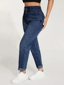 SHEIN PETITE 女款高腰口袋修身休閒百搭牛仔褲 - 藍色 - 查看 5