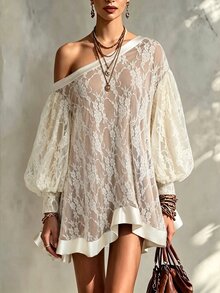SHEIN Off-White Asymmetrical Shoulder Lace Loose Short Dress - Beige - View 1