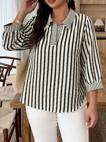 Weeklong Plus Size Women's Striped Colorblock Casual Versatile Daily Wear Shirt - Multicolor - View 7