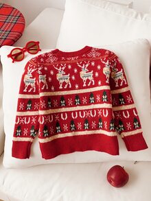 Young Boy Cartoon Deer Pattern Knit Soft Crew Neck Long Sleeve Pullover Sweater - Multicolor - View 2