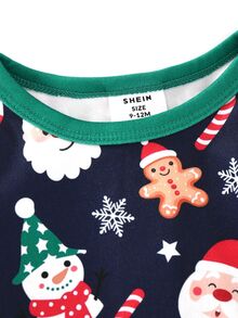 SHEIN 幼兒男童聖誕節假期圖案印花修身長袖彈性腰長褲家居睡衣套裝，適合秋冬聖誕假期 - 彩色 - 查看 8