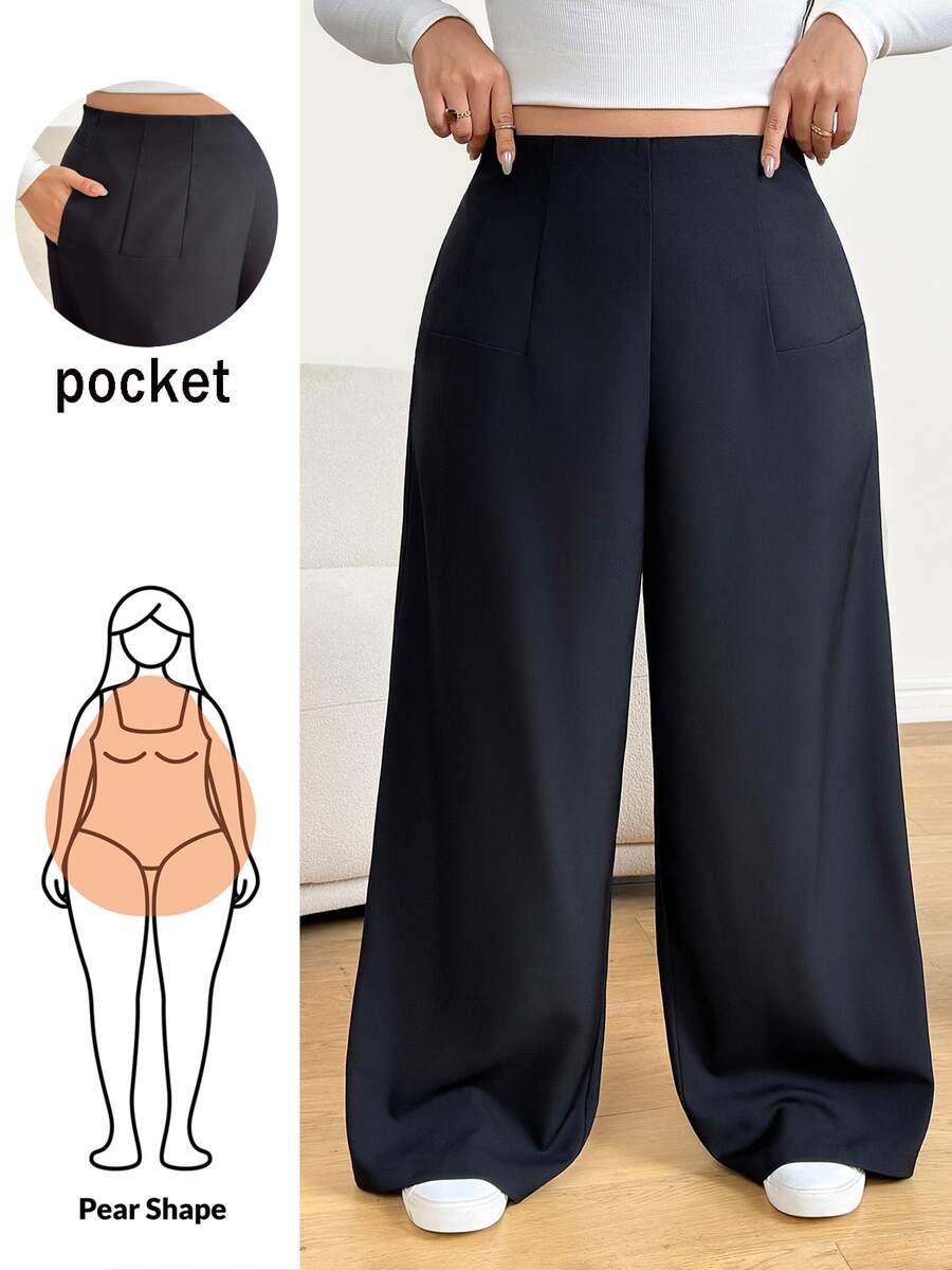 Shapeblank Celana Panjang Wanita Ukuran Plus Warna Hitam dengan Pinggang Tinggi dan Potongan Lebar – Bergaya, Longgar, dan Serbaguna untuk Pemakaian Sehari-hari (Musim Semi/Gugur), Musim Gugur/Dingin, Hari Thanksgiving, Tahun Baru - Hitam - View 1